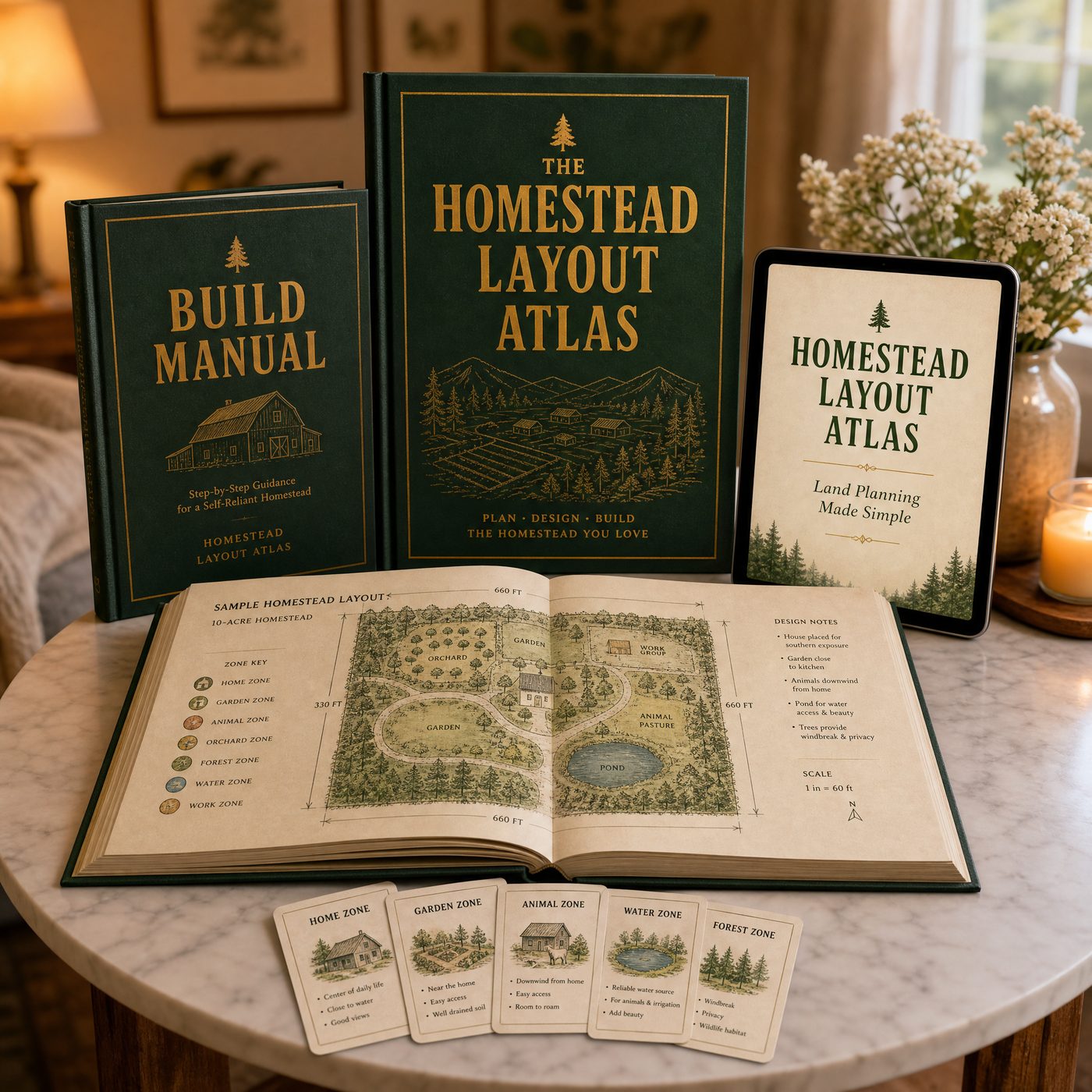 Everything included in The Homestead Layout Atlas — books, tablet, open plan and zone cards